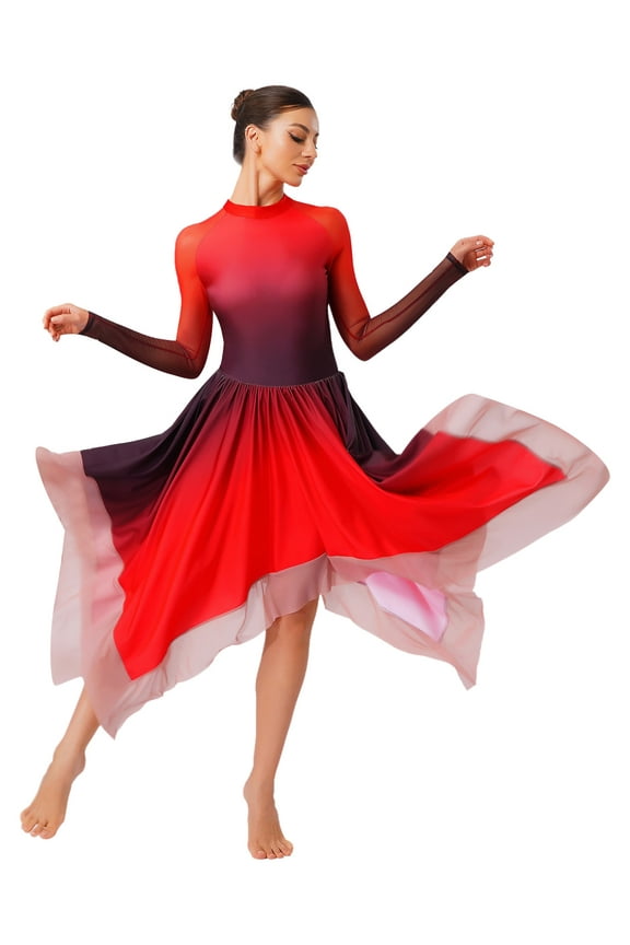 Women's Praise Dance Dress Long Sleeve Flowy Swing Asymmetrical Tunic Worship Liturgical Dancewear Red L