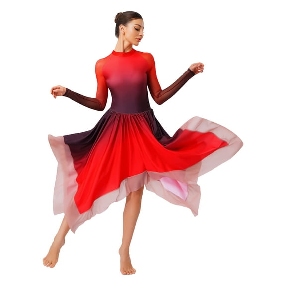 Hansber Women's Praise Dance Dress Long Sleeve Flowy Swing Asymmetrical Tunic Worship Liturgical Dancewear Red S