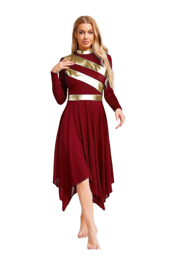 Women's Praise Dance Dress Metallic Patchwork Worship Tunic Irregular Hem Lyrical Dancewear Garment Burgundy S