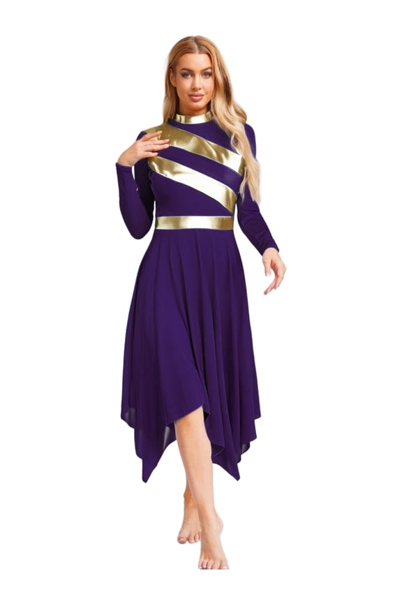 Women's Praise Dance Dress Metallic Patchwork Worship Tunic Irregular Hem Lyrical Dancewear Garment Purple S