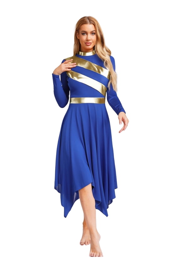 Women's Praise Dance Dress Metallic Patchwork Worship Tunic Irregular Hem Lyrical Dancewear Garment Royal Blue S