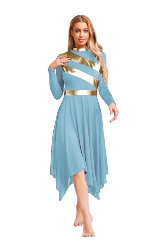 Women's Praise Dance Dress Metallic Patchwork Worship Tunic Irregular Hem Lyrical Dancewear Garment Sky Blue S