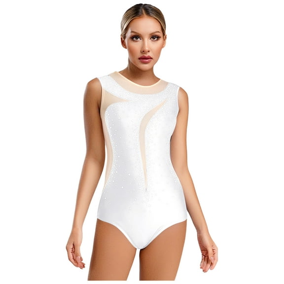 Hansber Women's Rhythmic Gymnastic Leotard Dancewear Sleeveless Sparkly Rhinestone Figure Ice Skating Bodysuit White S