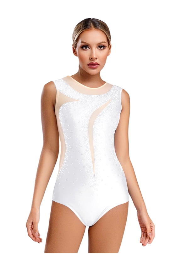 Women's Rhythmic Gymnastic Leotard Dancewear Sleeveless Sparkly Rhinestone Figure Ice Skating Bodysuit White S