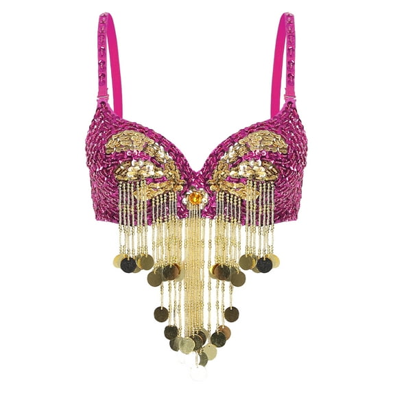 Hansber Women's Sequin Beaded Tassel Corset Bra Clubwear Crop Tank Tops for Performance Festival Belly Dance Hot Pink One Size