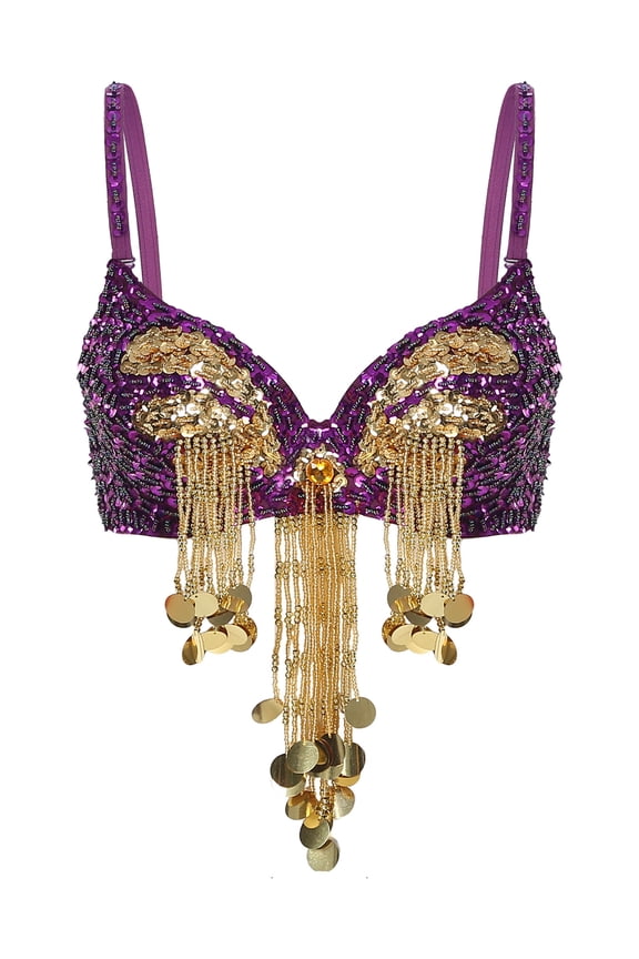Women's Sequin Beaded Tassel Corset Bra Clubwear Crop Tank Tops for Performance Festival Belly Dance Purple One Size