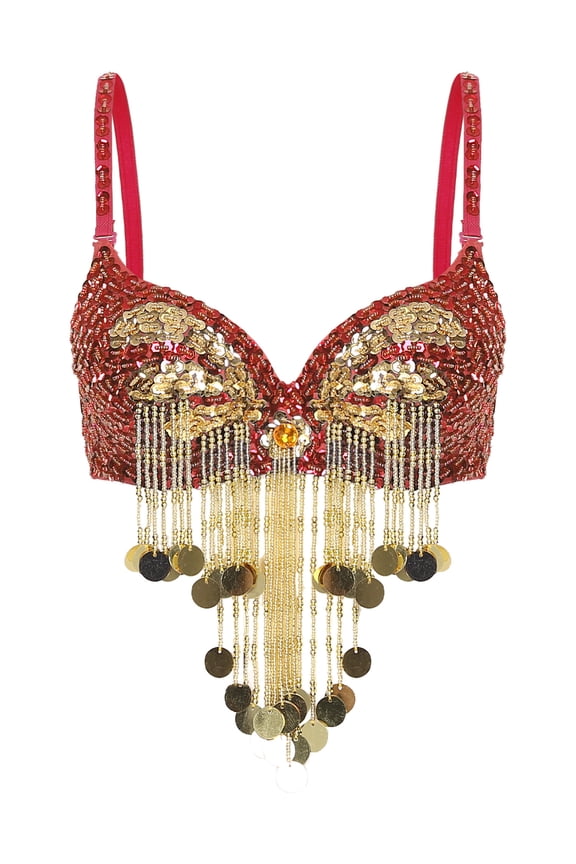 Women's Sequin Beaded Tassel Corset Bra Clubwear Crop Tank Tops for Performance Festival Belly Dance Red One Size