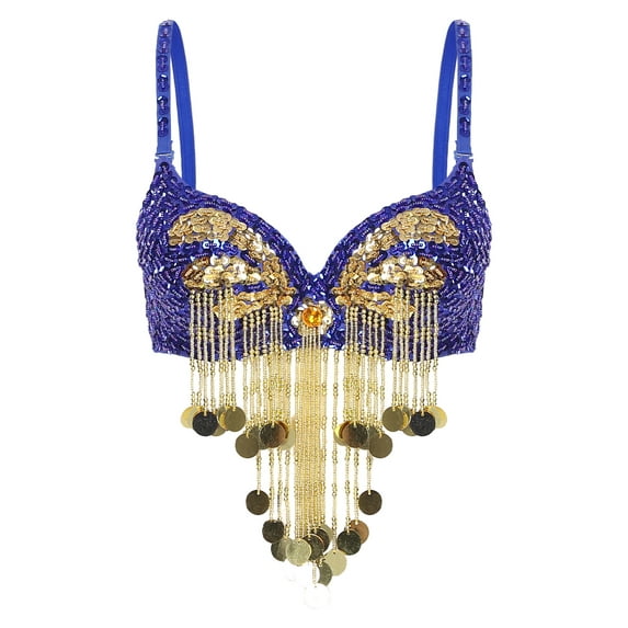 Hansber Women's Sequin Beaded Tassel Corset Bra Clubwear Crop Tank Tops for Performance Festival Belly Dance Royal Blue One Size