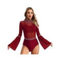 thumbnail image 1 of Hansber Women's Sheer Mesh Leotard Sparkly Rhinestones Bodysuit Gymnastics Figure Skating Dancewear Burgundy L, 1 of 7