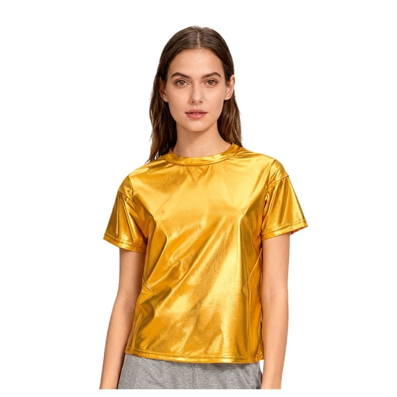 Hansber Women's Shiny Metallic Short Sleeve T-shirts Jazz Hip Hop Dance Tops for Stage Performance Gold M
