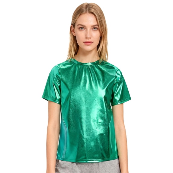 Hansber Women's Shiny Metallic Short Sleeve T-shirts Jazz Hip Hop Dance Tops for Stage Performance Green M