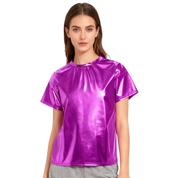 Hansber Women's Shiny Metallic Short Sleeve T-shirts Jazz Hip Hop Dance Tops for Stage Performance Purple M