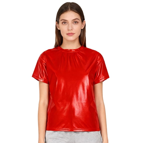 Hansber Women's Shiny Metallic Short Sleeve T-shirts Jazz Hip Hop Dance Tops for Stage Performance Red L
