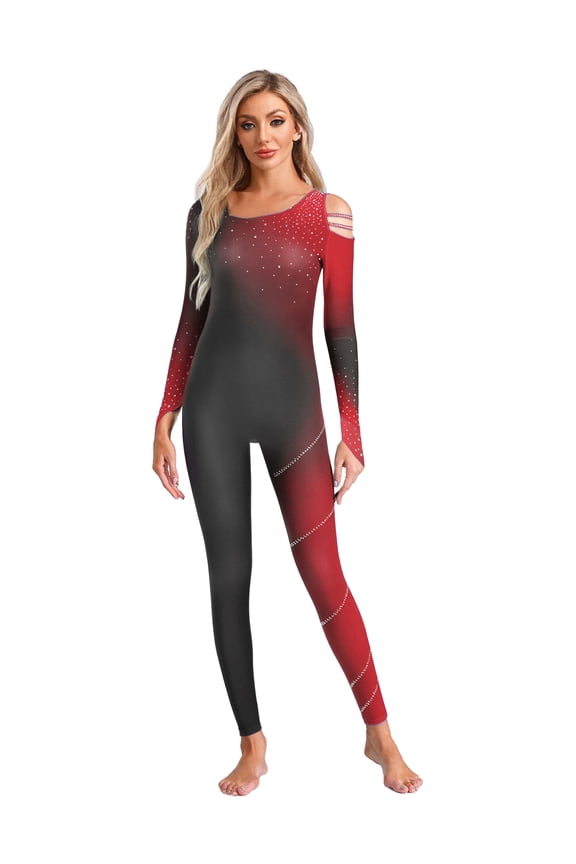 Women's Shiny Rhinestone Gymnastics Bodysuit Gradient Color Block Figure Ice Skating Dance Unitards Red XL