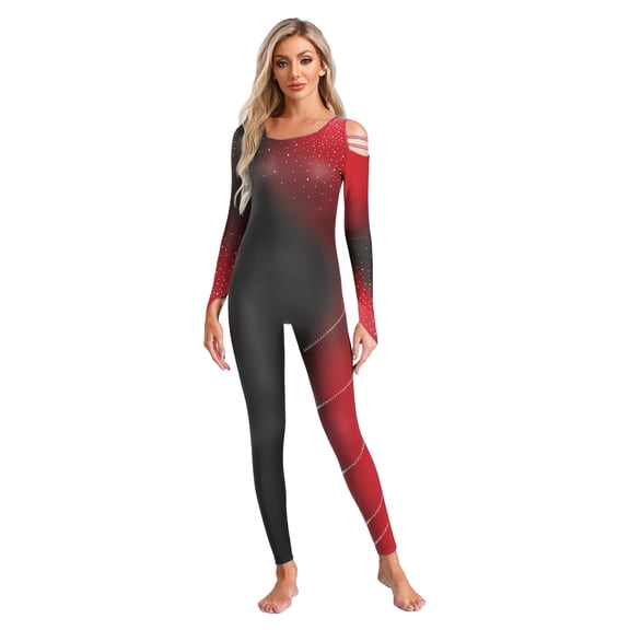 Hansber Women's Shiny Rhinestone Gymnastics Bodysuit Gradient Color Block Figure Ice Skating Dance Unitards Red XL