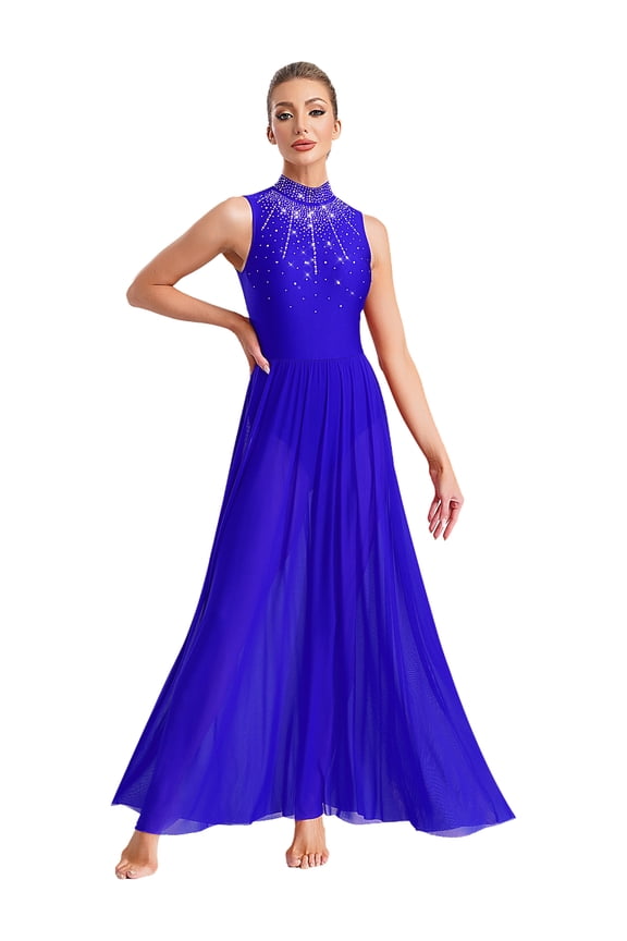 Women's Sleeveless Lyrical Dance Dress Long Maxi Dress Modern Contemporary Dancewear Blue XL