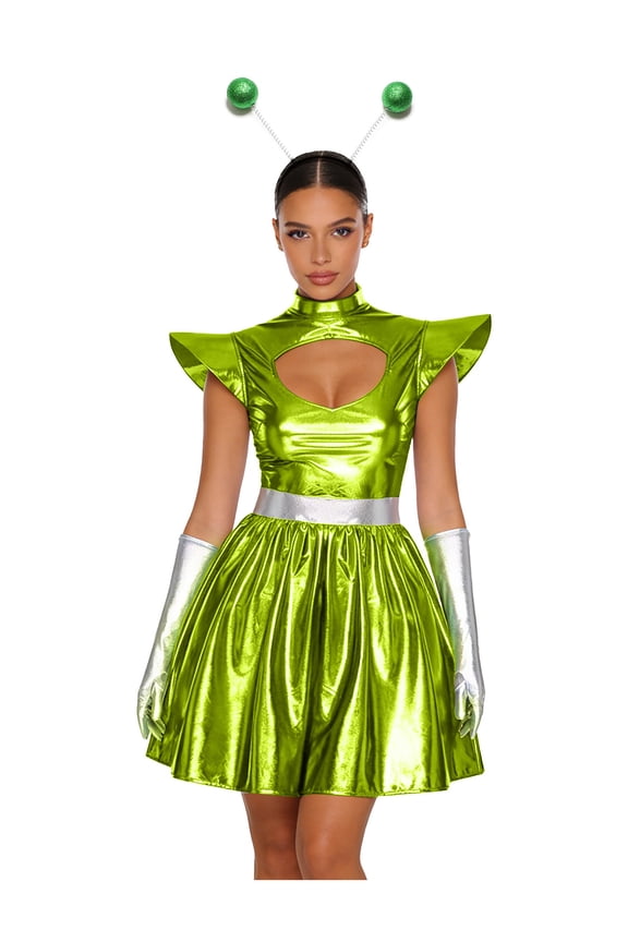 Women's Space Alien Outfit Shiny Metallic Cut Out A-Line Mini Dress with Alien Headwear and Gloves Green 3XL