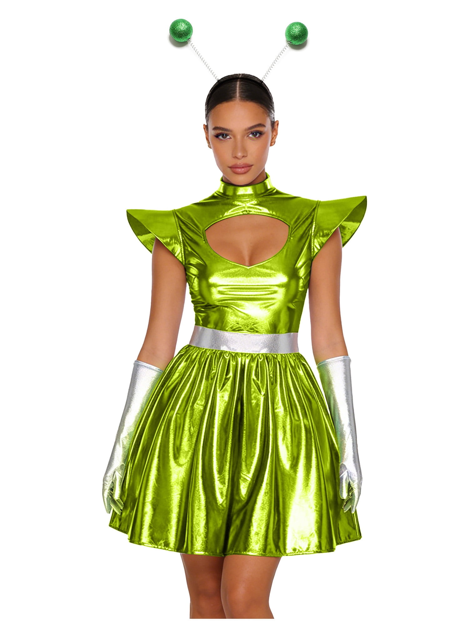 Hansber Women's Space Alien Outfit Shiny Metallic Cut Out A-Line Mini ...