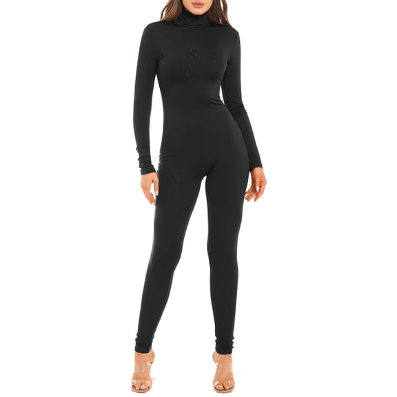 Hansber Women's Turtleneck Long Sleeve High Neck Bodycon Tight Full Length Jumpsuits Bodysuit Rompers Black S