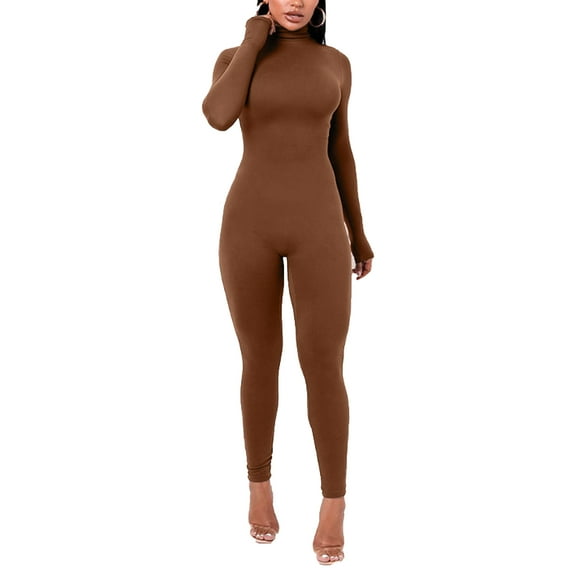 Hansber Women's Turtleneck Long Sleeve High Neck Bodycon Tight Full Length Jumpsuits Bodysuit Rompers Brown S