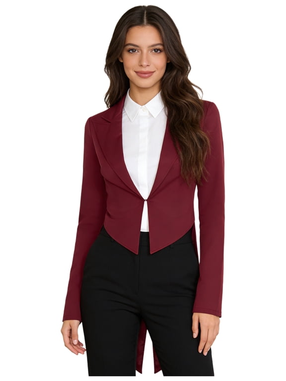 Women's Vintage Swallowtail Jacket Long Sleeve Tailcoat Retro Party Blazer Tuxedo Dress Coats Dark Red S