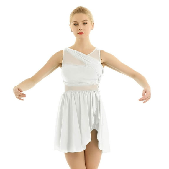 Hansber Womens Ballet Gymnastics Dress Cut Out Asymmetric Chiffon Stretchy Lyrical Dancewear White XXL