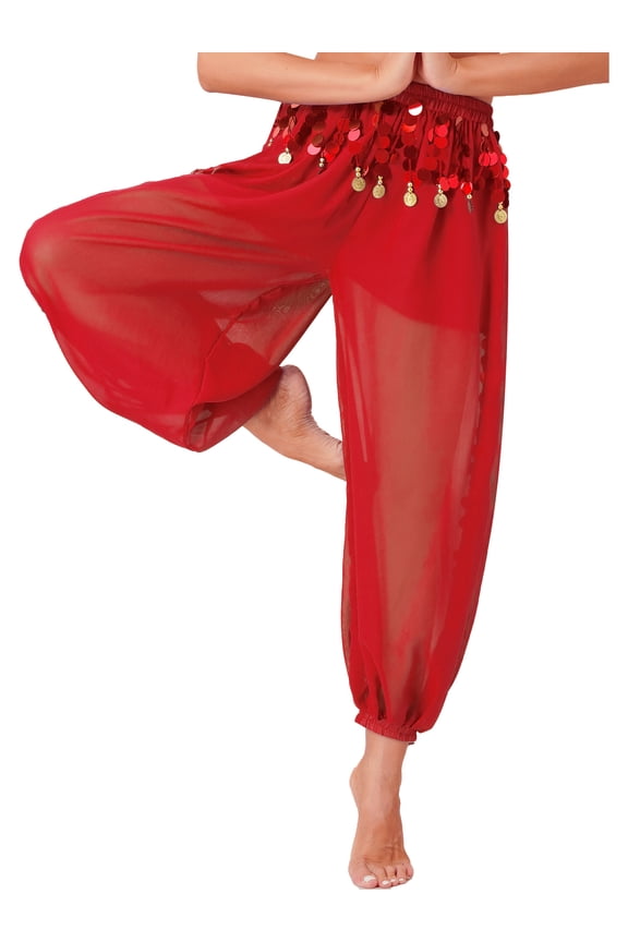Womens Belly Dance Pants Indian Dance Costumes Bottoms Halloween Cosplay Fancy Dress Red One Size