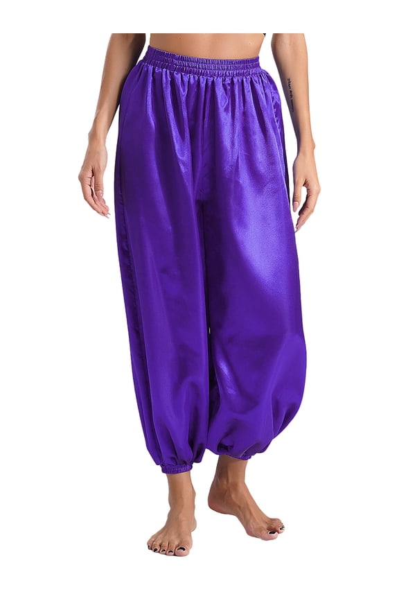 Womens Belly Dance Pants Satin Harem Pants Loose Solid Color Yoga Pants Indian Arabic Harem Trousers Purple XL