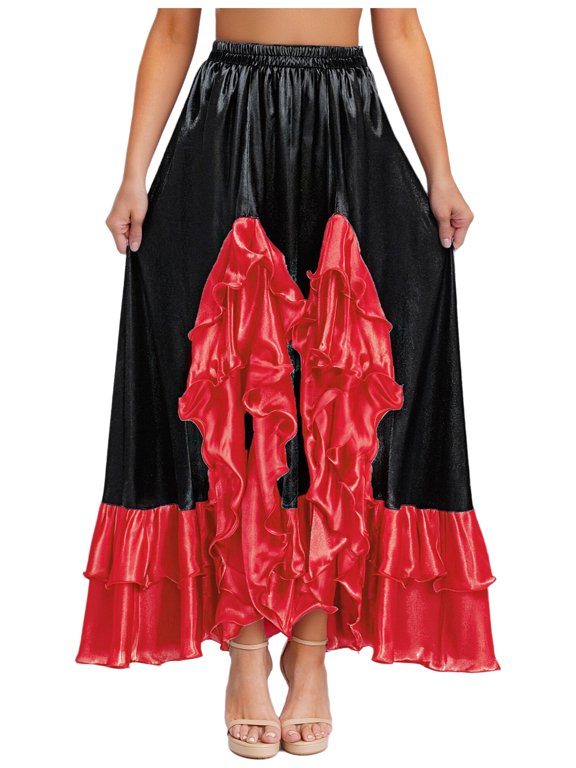 Womens Flamenco Dance Skirt Ruffled Trim Irregular Hem Big Swing Skirt for Spanish Dance Tango Salsa Black XXL