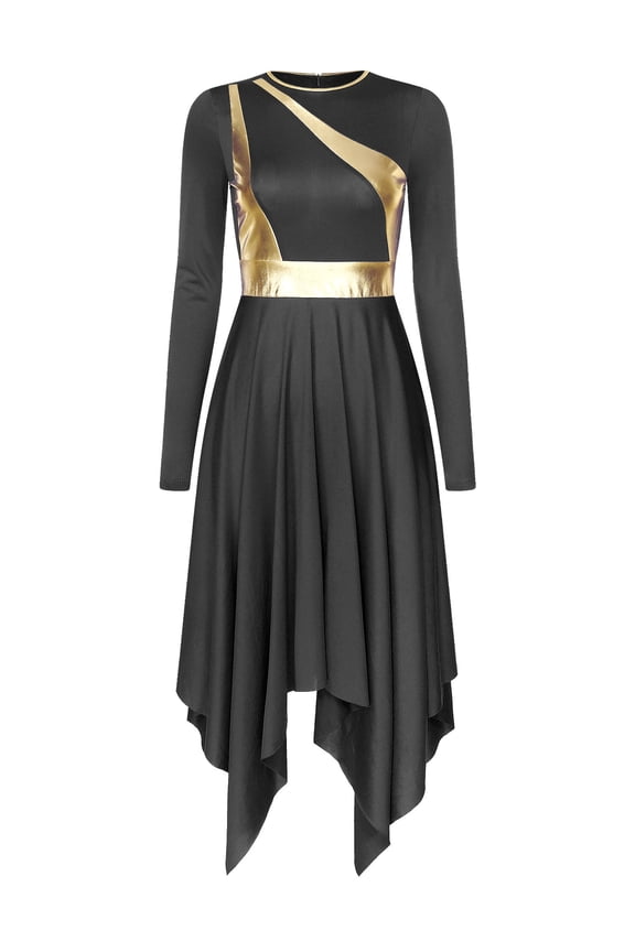 Womens Long Sleeve Liturgical Praise Dance Dress Metallic Color Block Irregular Dress Worship Black L