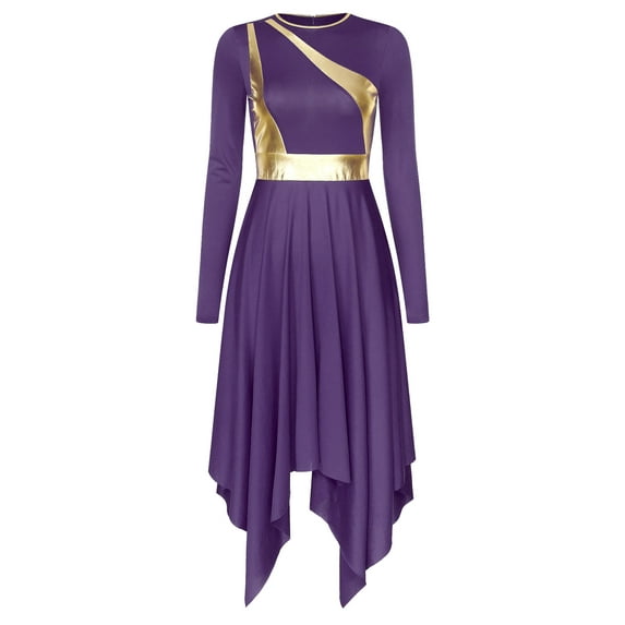 Hansber Womens Long Sleeve Liturgical Praise Dance Dress Metallic Color Block Irregular Dress Worship Purple XXL