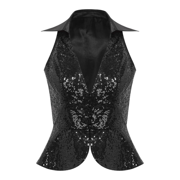 Hansber Womens Sequin Vest Sparkle Glitter Concert Party Dressy Waistcoat Disco Dance Shiny Jacket Top Black 3XL
