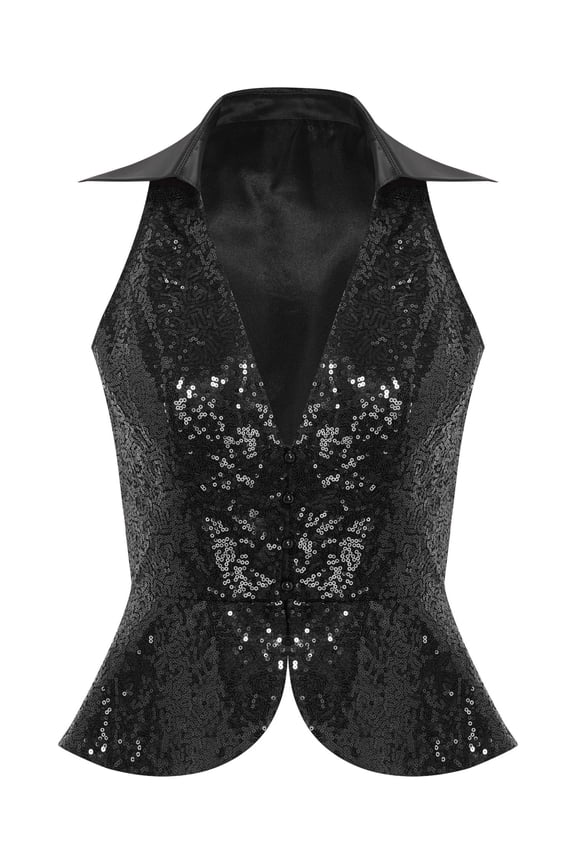 Womens Sequin Vest Sparkle Glitter Concert Party Dressy Waistcoat Disco Dance Shiny Jacket Top Black S