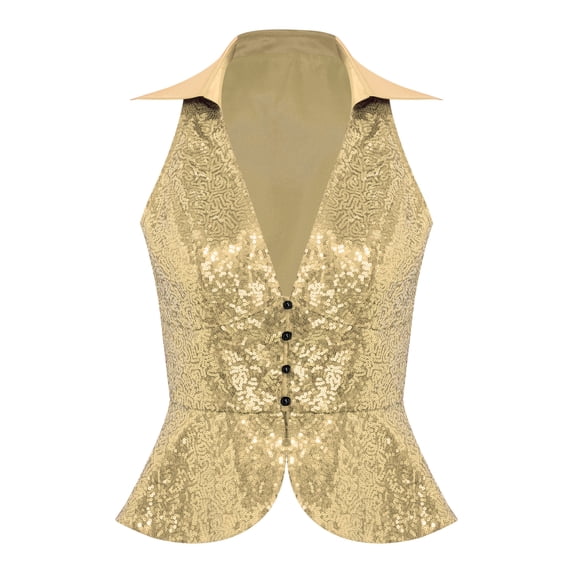 Hansber Womens Sequin Vest Sparkle Glitter Concert Party Dressy Waistcoat Disco Dance Shiny Jacket Top Gold S
