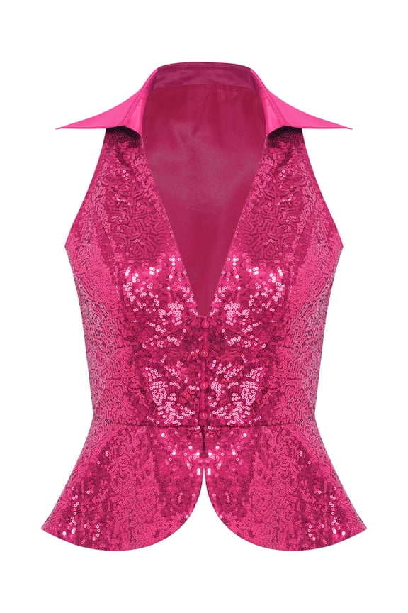 Womens Sequin Vest Sparkle Glitter Concert Party Dressy Waistcoat Disco Dance Shiny Jacket Top Hot Pink XL