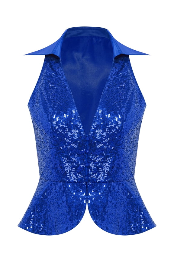 Womens Sequin Vest Sparkle Glitter Concert Party Dressy Waistcoat Disco Dance Shiny Jacket Top Royal Blue S