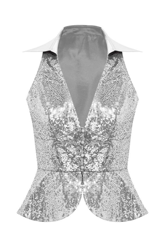 Womens Sequin Vest Sparkle Glitter Concert Party Dressy Waistcoat Disco Dance Shiny Jacket Top Silver 3XL