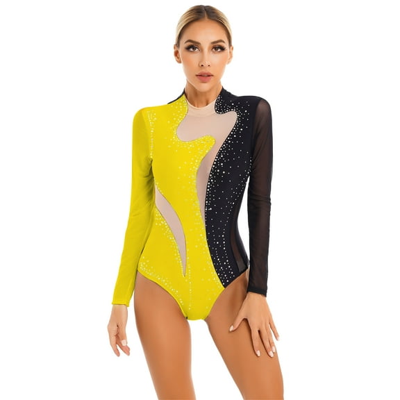 Hansber Womens Sparkling Rhinestone Sheer Mesh Long Sleeve Bodysuit for Gymnastics Acrobatics Dance Black&Yellow S