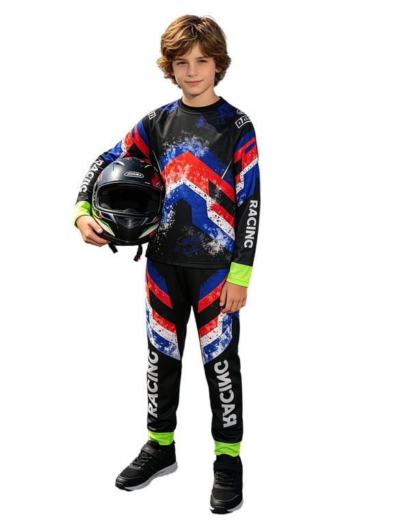 Youth Boys Racing Suit Motorcycle Dirt Bike Gear Motocross Jersey Top and Pants Set Black 10