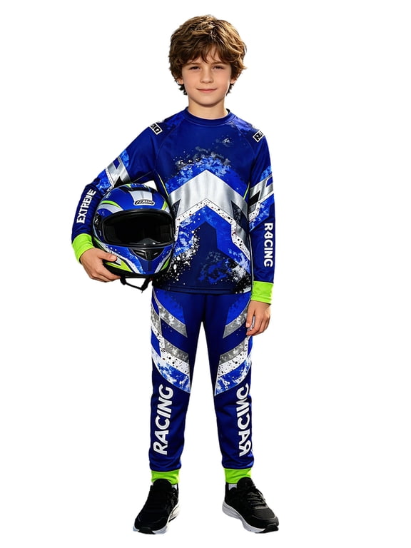 Youth Boys Racing Suit Motorcycle Dirt Bike Gear Motocross Jersey Top and Pants Set Blue 8