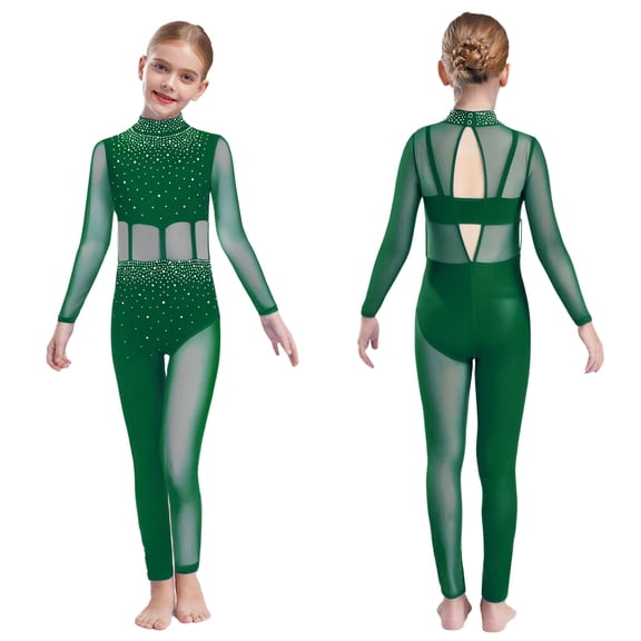 Hansber Youth Girls Mesh Splice Figure Skating Leotard Full Body Dance Unitard Skating Bodysuit Dancewear Green 12