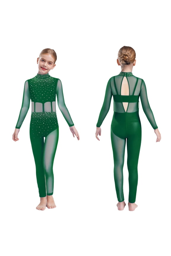 Youth Girls Mesh Splice Figure Skating Leotard Full Body Dance Unitard Skating Bodysuit Dancewear Green 8