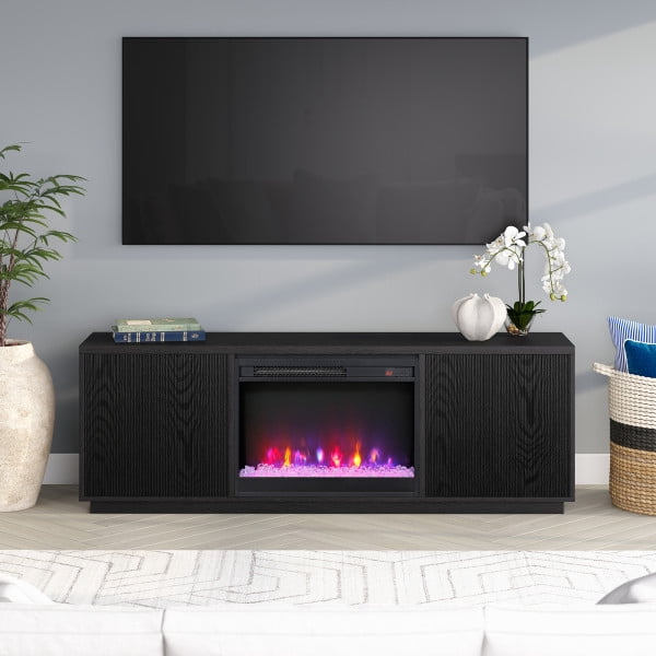 Hanson Rectangular TV Stand with 26" Crystal Fireplace for TV's up to 75" in Black Grain