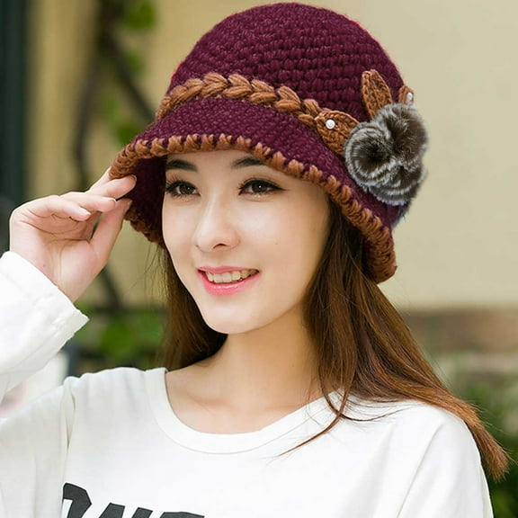 Hantrom Beanie,Baseball Cap,Fashion Women Lady Winter Warm Crochet Knitted Flowers Decorated Ears Hat Hot,Crochet Hat,Winter Hats,Hats For Women,Hot Pink