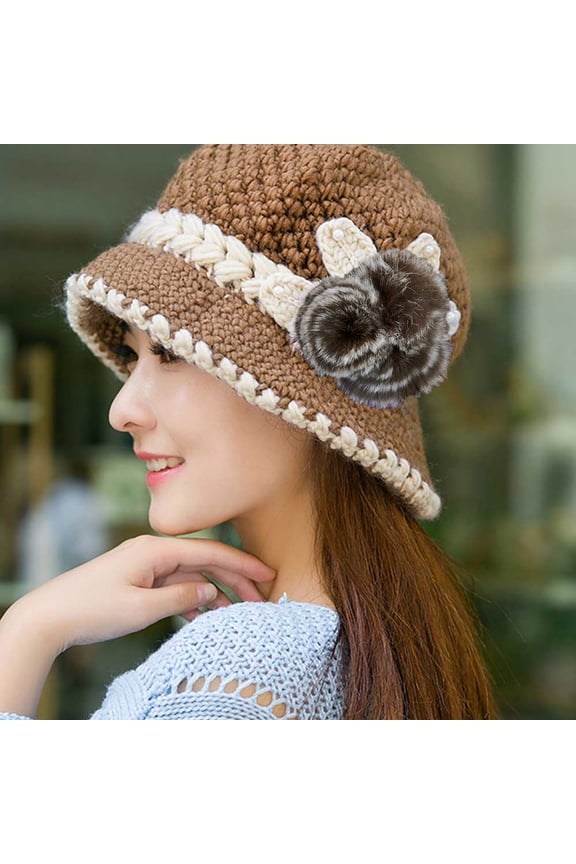 Beanie,Baseball Cap,Fashion Women Lady Winter Warm Crochet Knitted Flowers Decorated Ears Hat KH,Crochet Hat,Winter Hats,Hats For Women,Khaki