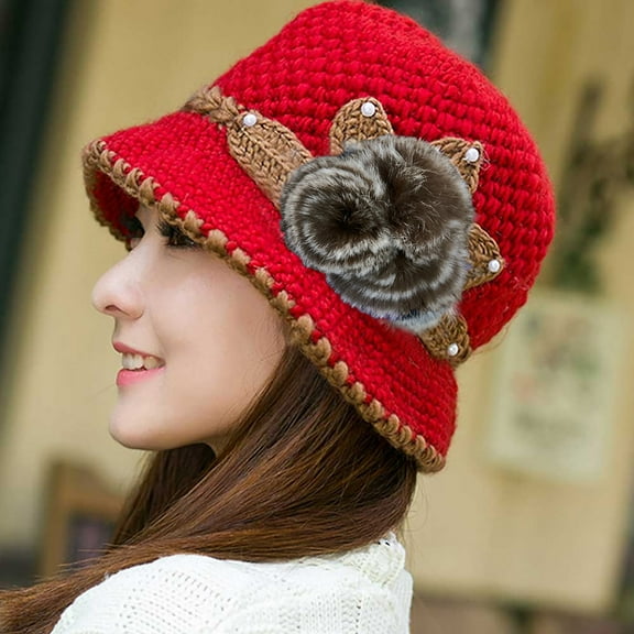 Hantrom Beanie,Baseball Cap,Fashion Women Lady Winter Warm Crochet Knitted Flowers Decorated Ears Hat RD,Crochet Hat,Winter Hats,Hats For Women,Red