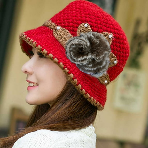 Hantrom Beanie,Baseball Cap,Fashion Women Lady Winter Warm Crochet Knitted Flowers Decorated Ears Hat RD,Crochet Hat,Winter Hats,Hats For Women,Red