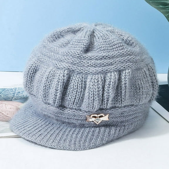 Hantrom Crochet Hat,Winter Hats,Women Winter Warm Knit Hat Wool Snow Ski Caps With Visor,Beanies Hats,Beanies Hats,Hats For Women,Grey