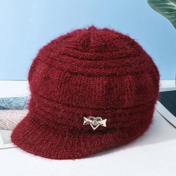 Hantrom Crochet Hat,Winter Hats,Women Winter Warm Knit Hat Wool Snow Ski Caps With Visor,Beanies Hats,Beanies Hats,Hats For Women,Red