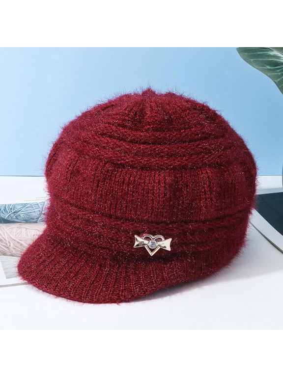 Crochet Hat,Winter Hats,Women Winter Warm Knit Hat Wool Snow Ski Caps With Visor,Beanies Hats,Beanies Hats,Hats For Women,Red
